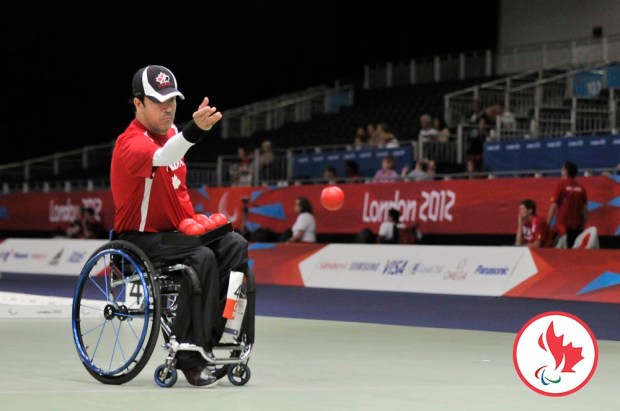 LONDON, ENGLAND 09/06/2012  Marco Dispaltro competes in the 1/8 finals of the individual Boccia BC4 at the London 2012 Paralympic Games at the Excel.  (Photo by Daniel Marcotte/Canadian Paralympic Committee)