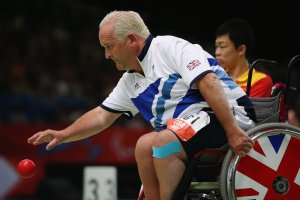 LONDON, ENGLAND - SEPTEMBER 06: Nigel Murray of Great Britain plays a shot during the Mixed Boccia Individual - BC4 quarter finals on day 8 of the London 2012 Paralympic Games at ExCel on September 6, 2012 in London, England. Nigel Murray lost to Kai Zhong of China. (Photo by Dan Kitwood/Getty Images)